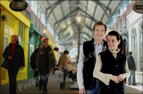 Figures of the couple extracted from another photo and placed in shopping centre photograph