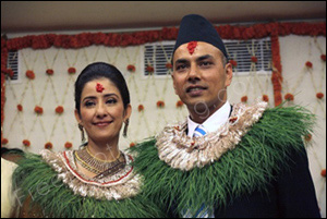 Photo edit required: This ceremonial photo of film actress Manisha Koirala and her new husband is to be set against the Kathmandu skyline.