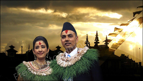 This is a photo editing example of background change. Wedding backdrop has been changed to the Kathmandu sunset sky.