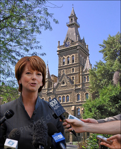 Photo editing, photo manipulation example: New prime minister Julia Gillard has been photoshopped into University of Melbourne picture.