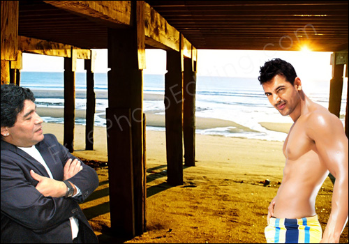 This is a photo editing example in which the photos of Argentinian footballer (now, coach) and Indian film star John Abraham have been merged and set against the sunset sky on the beach.