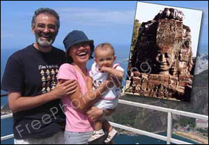 Photo editing required to change background. Family seen in this photo to be moved into Cambodian temple photo. The edited photo after background change can be seen below.