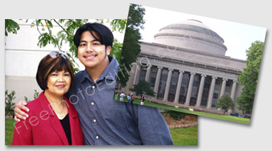 Photo editing required: The mother and son seen in this photo need to be placed in the MIT image. The edited photo can be seen below.