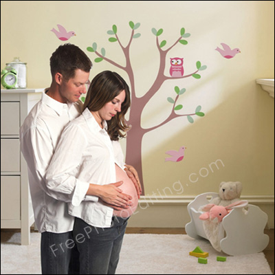 Example of photo editing / photo manipulation to add new background to photo. Pregnant couple has been placed in their baby's nursery.