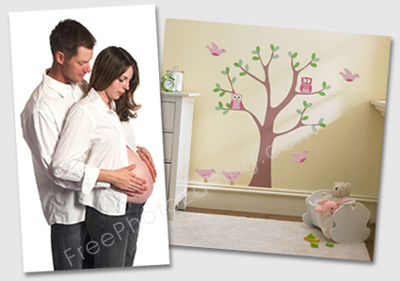 The image of the pregnant couple is to be placed in the photo of the nursery. The edited photo with new background can be seen below.