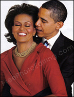 Photo editing is required to extract Obama and Michelle from this photo and then place them against a Taj Mahal picture. The resultant edit can be seen below.