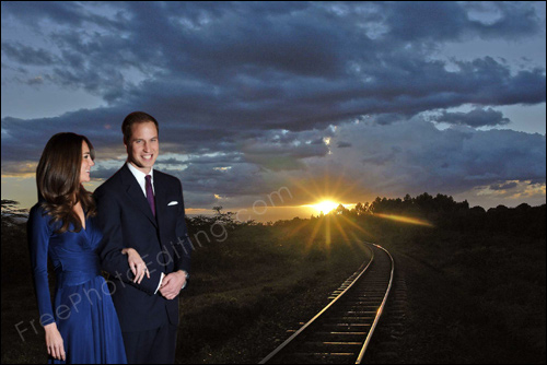 This is an image editing example of photo background change. A new engagement photo has been created for Prince William by merging two photos.