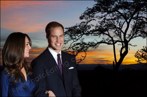 Photo manipulation example of taking people out of one photo and placing them in another. Prince William of Wales and his fiancee have been placed in a African sunset photo. The original photo can be seen above.