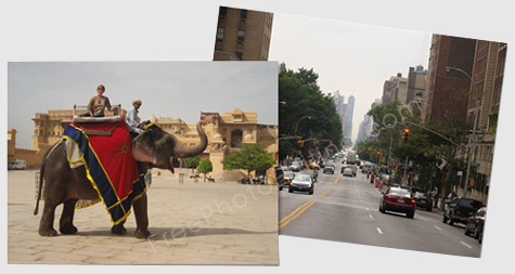 The woman seen in the photo on left (at Amber Fort in Rajasthan) wants to be transported to a busy New York street, while still on the elephant's back. Photo background change is required to carry out this request.