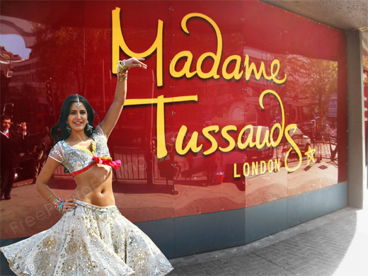 This is a photo editing example of background change. Katrina Kaif has been extracted from the picturisation of a 'Tees Maar Khan' song and placed at the entrance of Madame Tussauds museum. The original photo can be seen above.