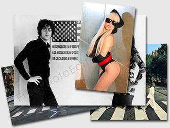Merge three photos. Create retro photo by combining the pictures of John Lennon, Lady Gaga and Abbey Road.
