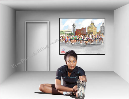 Three photographs have been merged together in this photo editing assignment. The athlete has been moved out of the race track into an empty room with bare walls. The huge poster featuring a marathon race has been placed on the back wall of the room.