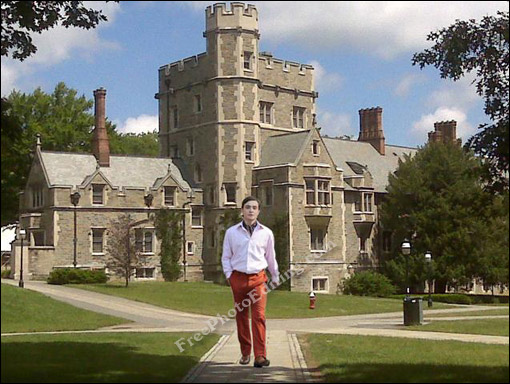 Young man walking on street transposed in front of Princeton University building. 
