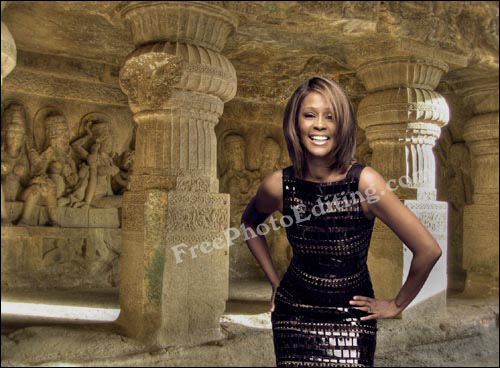 Background in Whitney Houston's photo replaced with the inside of a cave in Ajanta Ellora temple in India
