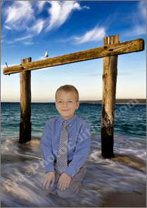 After photo editing: Little boy in photo on left has been placed upon the ocean waters, as though he was calmly able to sit above the raging waves. There is a Stonehenge type of structure emerging out of the sea.