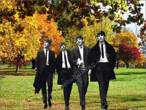 After photo editing: This is an example in which the black and white London street background of the Beatles group photo has been changed to a park setting in the autumn season.