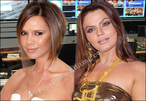 Rakhi Sawant & Victoria Beckham placed together on a TV studio background. Don't they look similar -- just like sisters!