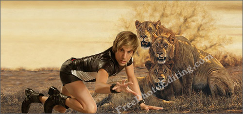 Photo merging / photo editing / photo manipulation: Bruno (Sacha Baron Cohen) parading in feline-prowl mode in the jungle, as the lions look on, a bit huddled up.