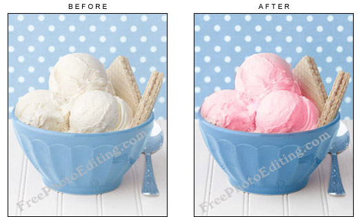 Photo editing used to change ice cream colour from white to pink. Vanilla ice cream has been converted to strawberry ice cream.
