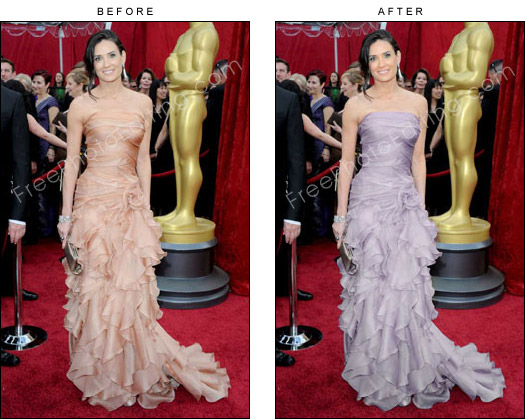 Demi Moore's gown colour changed to lilac with the use photo editing. The original photo can be seen on left.