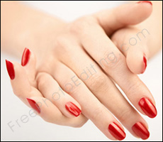This is a close-up photo of a woman's hands sporting deep red nail colour. The model wants the nail polish to be changed to blue. The resultant photo, after photo editing, can be seen on right.