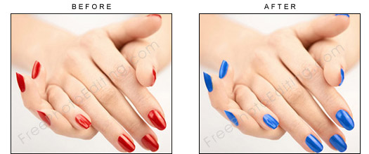 This is a photo retouching example of nail-colour change. The original nail colour was red (see photo on left). It has been chnaged to blue after editing.