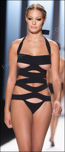 Photo editing required: This picture has a model showing off an ultra stylish black swimsuit (designed with criss-crossing bands) on the fashion runway. The colour needs to be changed to purple. Edited photo can be seen on right.