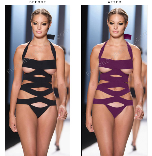 This is a photo editing example of colour change of clothing item. The original colour of this swimsuit was black.