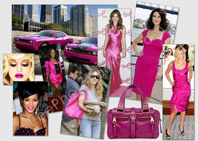 Hollywood celebrities in fuchsia, hot pink dresses, fuchsia lipstick, fuchsia handbags and even hot pink Pontiac cars. Featured in this photo collage are: Catherine Zeta Jones, Charlize Theron, Elizabeth Hurley, Rihanna, Jada Pinkett Smith, Sarah Jessica Parker.