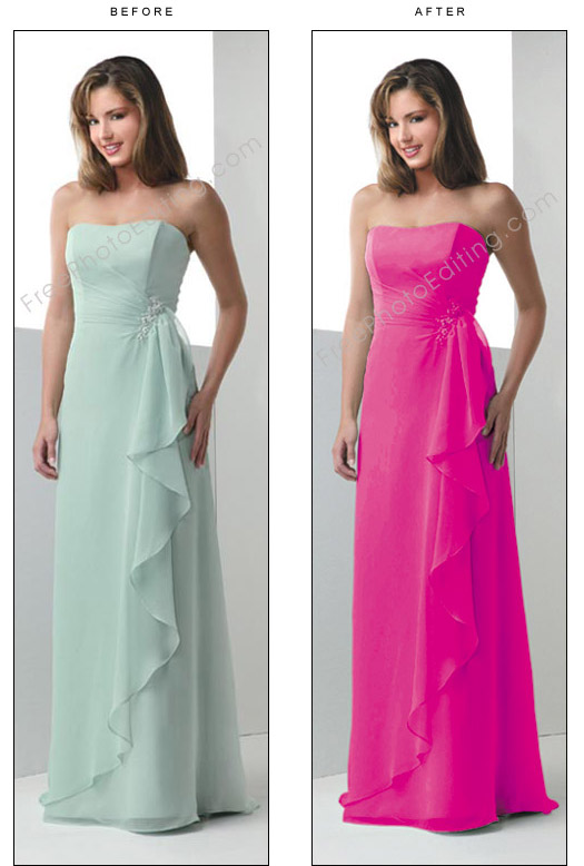 This is a photo editing example of colour change. The colour of an apple white, pale green gown has been changed to the high fashion fuchsia pink.