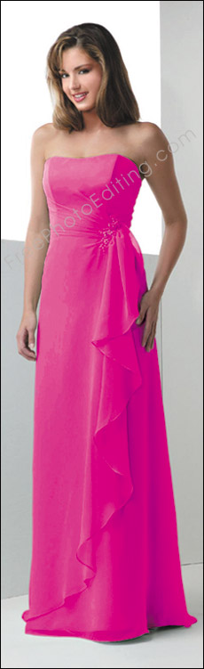 This is a photo editing example of colour change. The colour of an apple white, pale green gown has been changed to the high fashion fuchsia pink.
