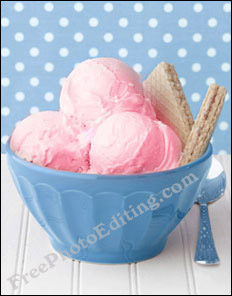 Photo editing used to change ice cream colour from white to pink. Vanilla ice cream has been converted to strawberry ice cream.
