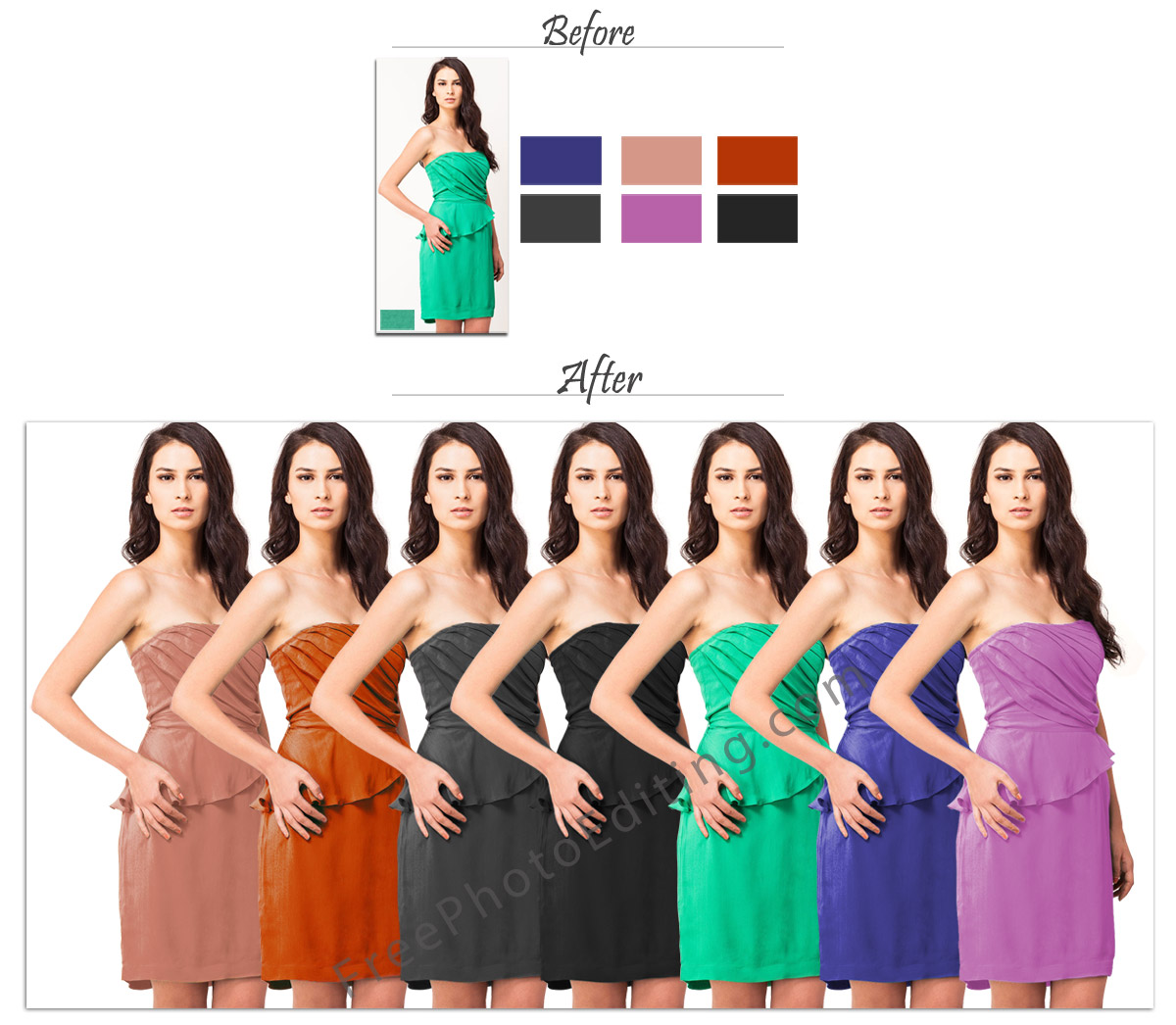 Dress colour changed to several hues with photo editing