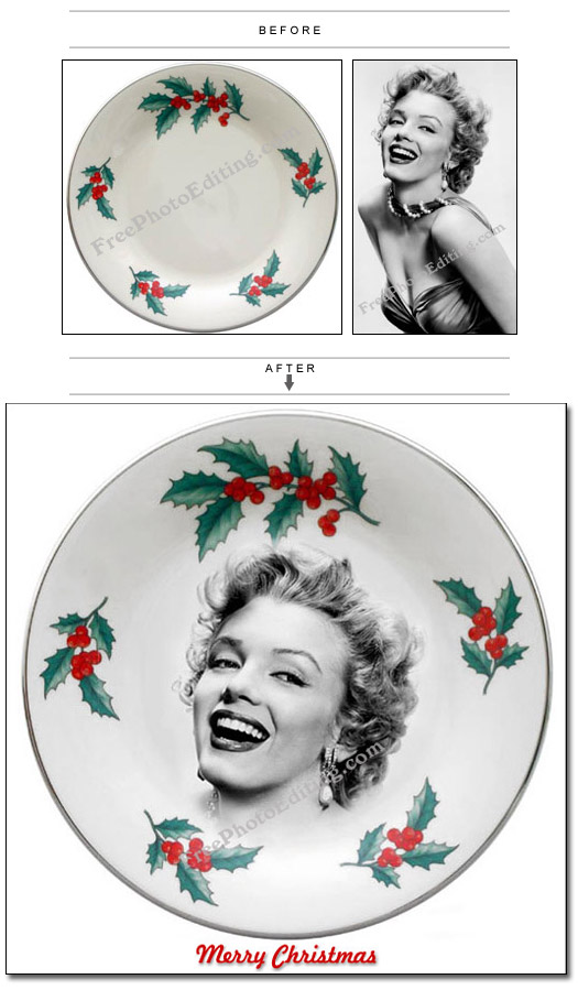 Famous Marilyn Monroe photo transferred onto Christmas decorated china plate.