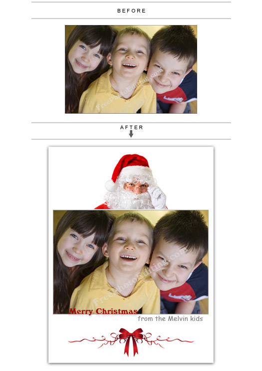 Christmas card made from cheerful children's photograph. Visual of Santa and X'mas scroll added.