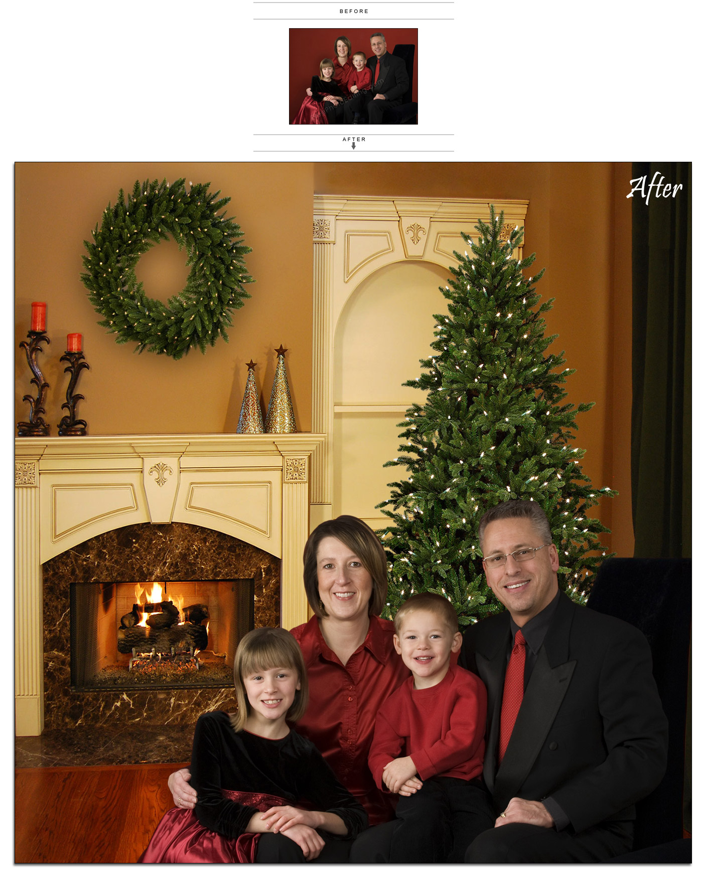 Photo editing, photo retouching sample: The family seen in this picture was originally photographed in a studio against a plain cloth background. They have now been placed in an elegant living room with a beautiful Christmas tree and other xmas decorations.