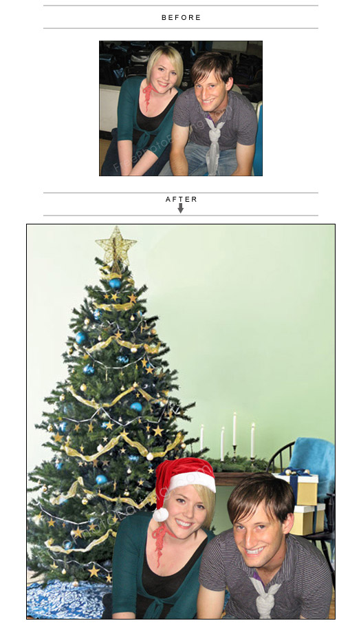 This is an edited photo in which the couple has been merged with the photo of a room that has an X'mas tree and other Christmas decorations. The original photo of the couple can be seen above.