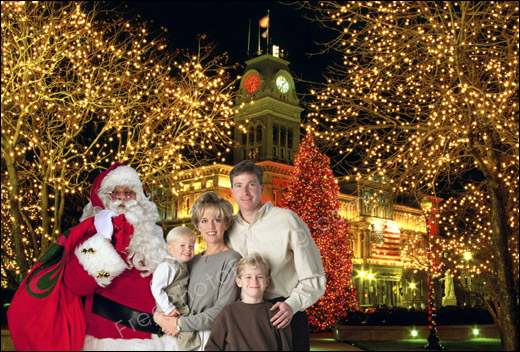 A Christmas background has been Photoshopped into this family picture. A nice Santa Claus has also been made to stand alongside the family. The original family photo can be seen above.