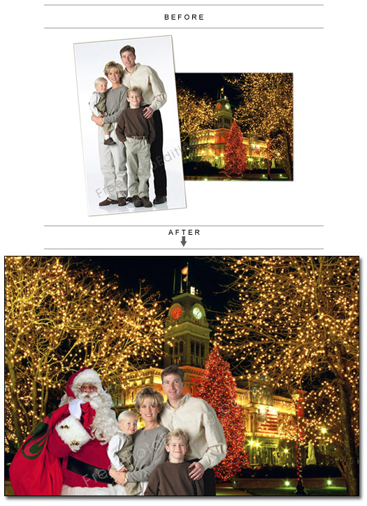 A Christmas background has been Photoshopped into this family picture. A nice Santa Claus has also been made to stand alongside the family. The original family photo can be seen above.