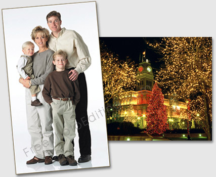 Photo editing assignment: Place family against Christmas scene by night. Also place Santa in the frame. View the edited photo below.