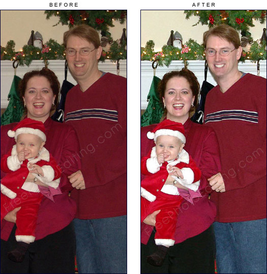This photo is the result of photo retouching. The picture is now brighter. The baby's red eye has been touched up, and the parents have been made to look younger. The original, unedited photo can be seen on left.