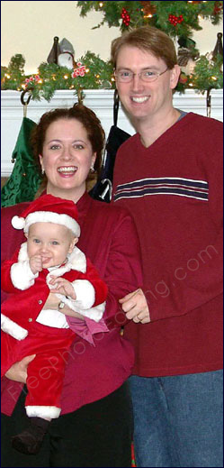 This photo is the result of photo retouching. The picture is now brighter. The baby's red eye has been touched up, and the parents have been made to look younger. The original, unedited photo can be seen on left.