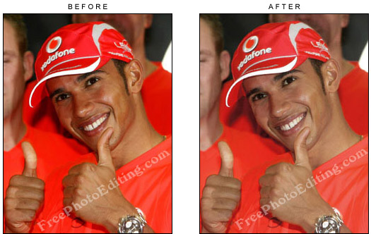 Colour correction (photo editing) carried out on Lewis Hamilton's photograph. He is seen in red racing gear after winning a race.