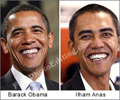 Colour correction and exposure correction carried out on Ilham Anas's photo to match with Obama's photo. (Ilham Anas is Barack Obama's look-alike)
