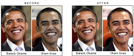 Colour correction and exposure correction carried out on Ilham Anas's photo to match with Obama's photo. (Ilham Anas is Barack Obama's look-alike)