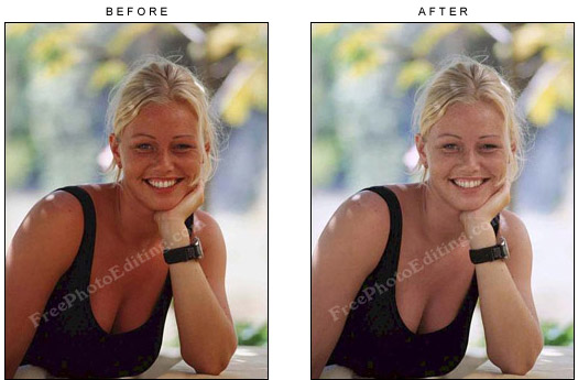 Blonde girl's over-tanned look corrected with photo editing.