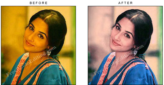 Bollywood star Vidya Balan's photo overcast with yellow, restored to natural colours.