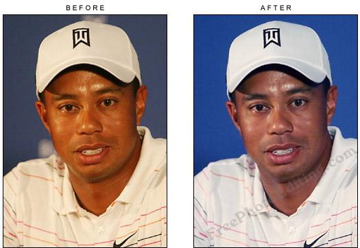 Tiger Woods' photograph restored to natural colours. (The photo on left is it was 'before' photo editing, with a yellow colour cast over it.)