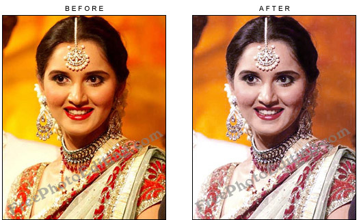 Colour correction has been carried out on Sania Mirza's wedding reception photo that had an orange cast over it.