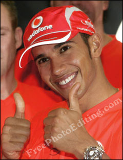 Colour correction (photo editing) carried out on Lewis Hamilton's photograph. He is seen in red racing gear after winning a race.